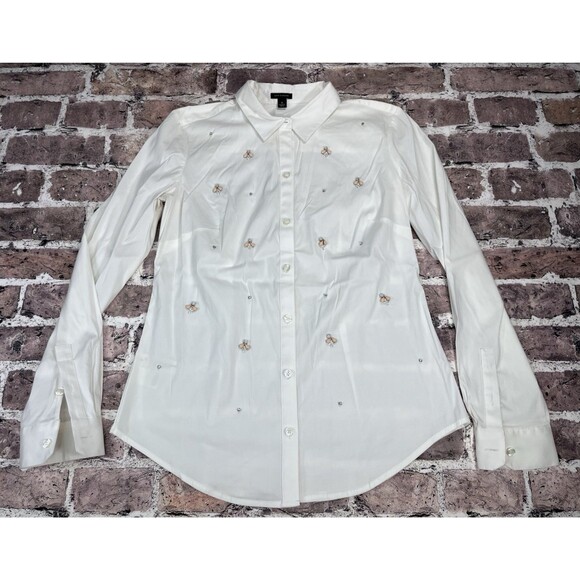 Ann Taylor Tops - Ann Taylor Blouse 6 White Long Sleeve Gem Jeweled Neck Career Wear Professional